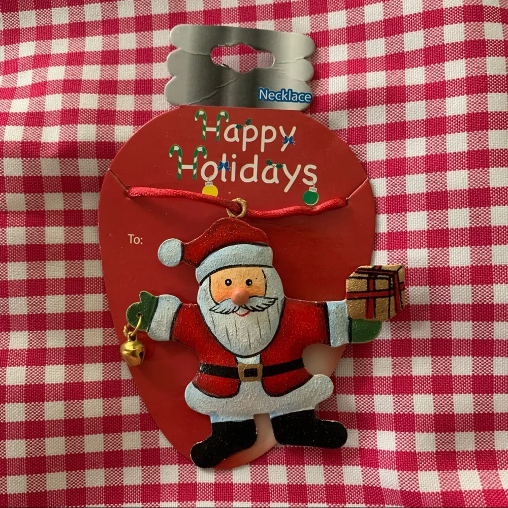 Lot of 2 HAPPY HOLIDAYS Vintage 2004 Santa Claus & Bear w/ Bells Necklaces NEW